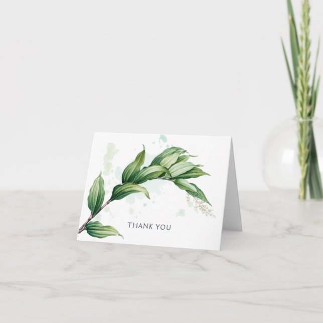 Greenery Illustration Watercolor Splash Blank Thank You Card (Front)