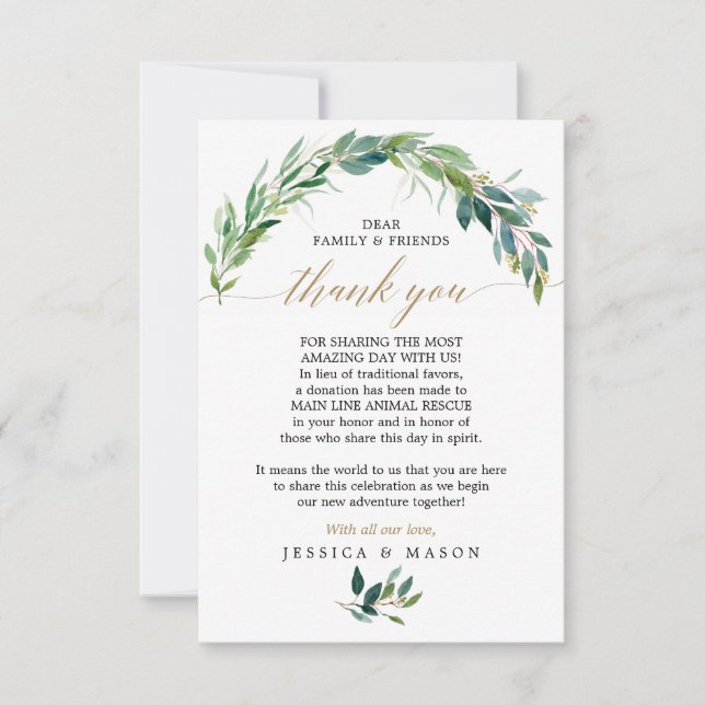 Greenery In Lieu of Favors Thank You Place Card (Front)