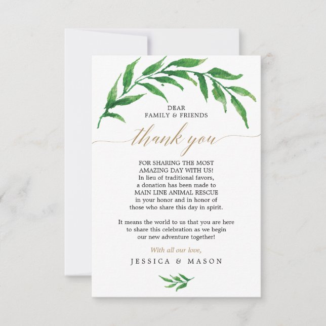 Greenery In Lieu of Favors Thank You Place Card (Front)