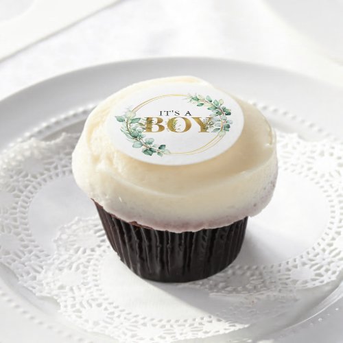 Greenery Its a Boy Gold Eucalyptus Baby Shower Edible Frosting Rounds