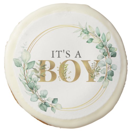Greenery Its a Boy Gold Eucalyptus Baby Shower Sugar Cookie
