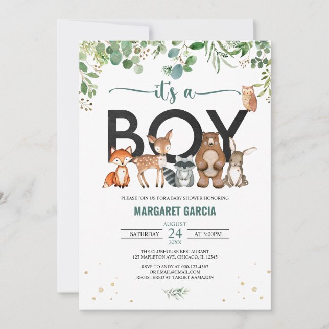 Greenery It's a Boy Woodland Animals Baby Shower I Invitation (Front)