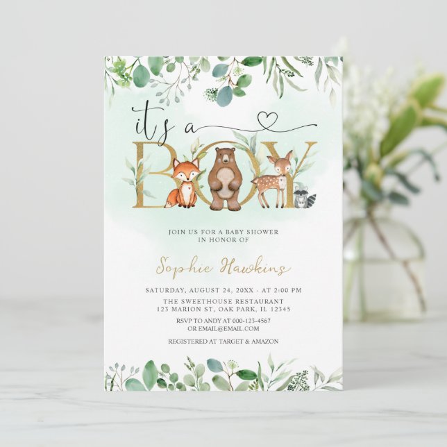Greenery It's a Boy Woodland Animals Baby Shower Invitation (Standing Front)