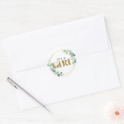 Greenery Its a Girl Gold Eucalyptus Baby Shower Classic Round Sticker ...