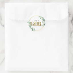 Greenery Its a Girl Gold Eucalyptus Baby Shower Classic Round Sticker ...