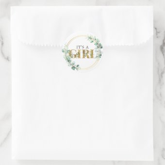 Greenery Its a Girl Gold Eucalyptus Baby Shower Classic Round Sticker ...