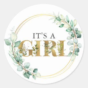 Greenery Its a Girl Gold Eucalyptus Baby Shower Classic Round Sticker