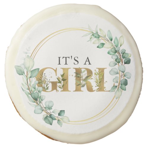 Greenery Its a Girl Gold Eucalyptus Baby Shower Sugar Cookie