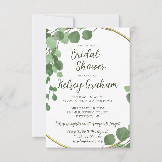 Greenery, Ivory, and Gold Frame Bridal Shower Invitation (Front)