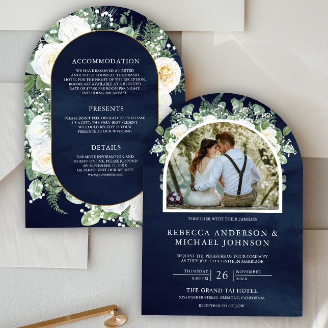 Greenery Ivory Floral All in One Navy Arch Wedding Invitation (Creator Uploaded)