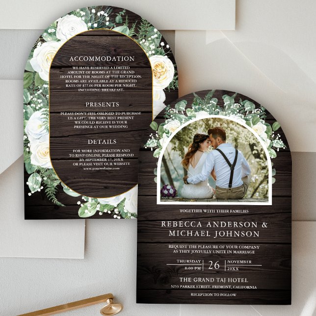 Greenery Ivory Floral All in One Wood Arch Wedding Invitation (Creator Uploaded)
