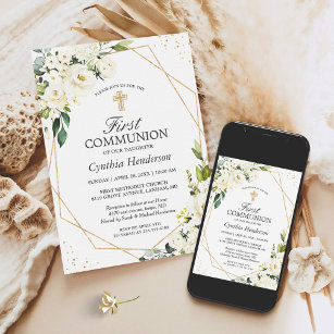 Greenery Ivory Floral First Communion Invitation