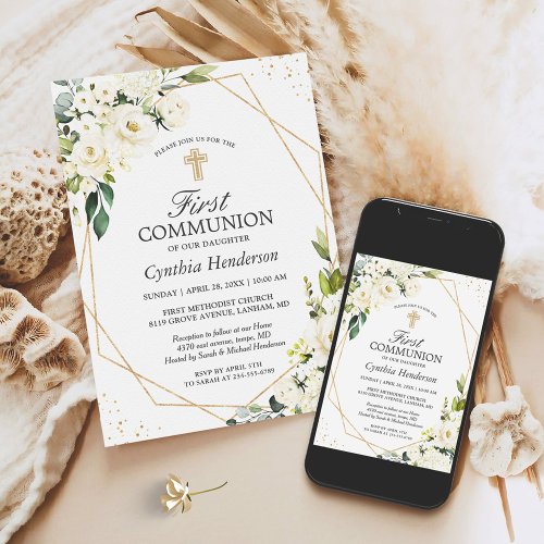 Greenery Ivory Floral First Communion Invitation