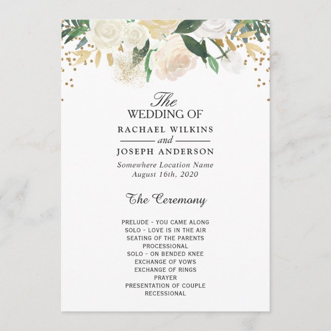Greenery Ivory Floral Gold Glitter Wedding Program (Front)