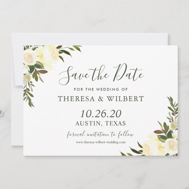 Greenery Ivory Floral Save The Date Card (Front)