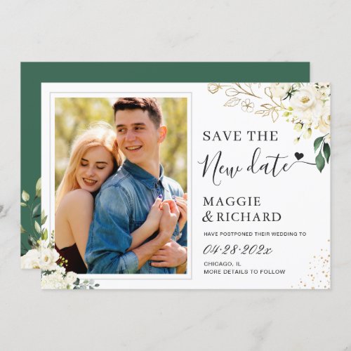 Greenery Ivory Gold Floral Photo Save the New Date Save The Date - Greenery Ivory Gold Floral Photo Save the New Date Card. 
(1) For further customization, please click the "customize further" link and use our design tool to modify this template. 
(2) If you prefer thicker papers / Matte Finish, you may consider to choose the Matte Paper Type.