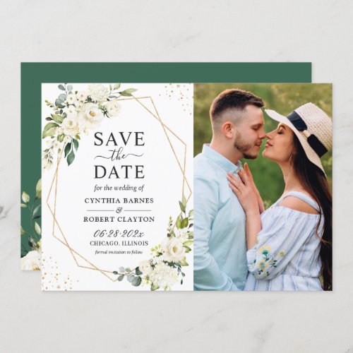 Greenery Ivory White Floral Gold Geometric Photo Save The Date - Greenery Ivory White Floral Gold Geometric Photo Wedding Save the Date Card. 
(1) For further customization, please click the "customize further" link and use our design tool to modify this template. 
(2) If you prefer thicker papers / Matte Finish, you may consider to choose the Matte Paper Type.