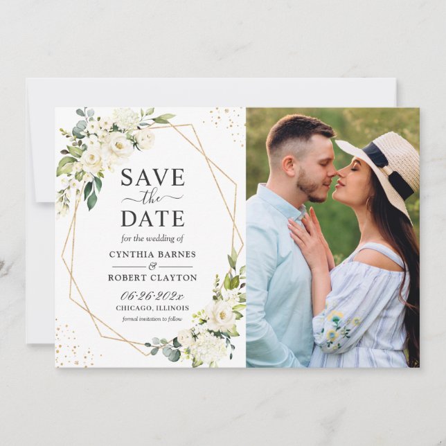 Greenery Ivory White Floral Gold Geometric Photo Save The Date (Front)