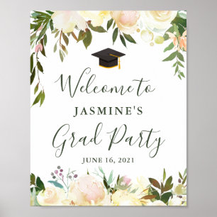 Greenery Ivory White Floral Graduation Party Sign