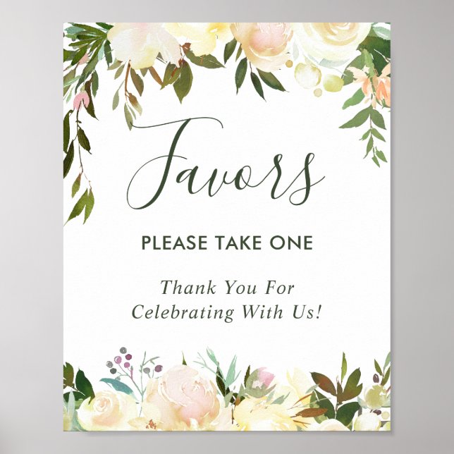 Greenery Ivory White Floral Wedding Favors Sign (Front)