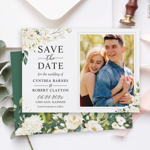 Greenery Ivory White Gold Elegant Floral Photo Save The Date