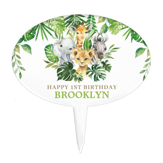 Greenery Jungle Animals Birthday Centerpiece Cake Topper (Front)