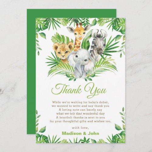 Greenery Jungle Animals Gender Neutral Baby Shower Thank You Card