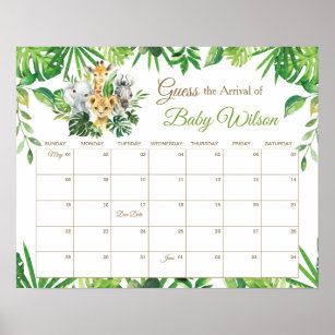Greenery Jungle Animals Guess Baby's Due Date Game Poster