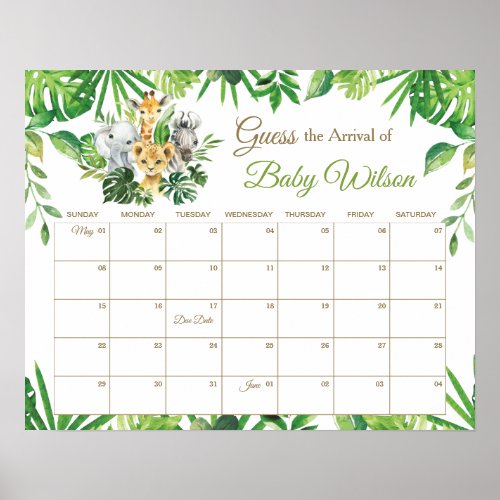 Greenery Jungle Animals Guess Babys Due Date Game Poster