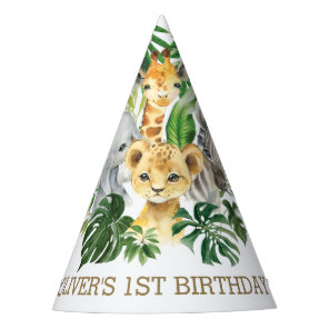 Greenery Jungle Animals Safari 1st Birthday Cone Party Hat