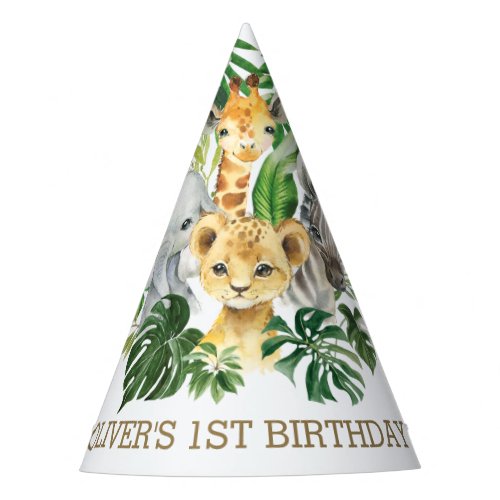 Greenery Jungle Animals Safari 1st Birthday Cone Party Hat