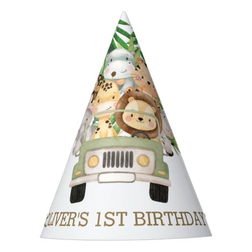 Greenery Jungle Animals Safari Car Birthday Cone Party Hat