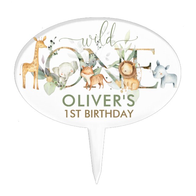 Greenery Jungle Animals Wild One 1st Birthday  Cake Topper (Front)