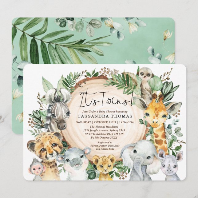Greenery Jungle Party Animals Twins Baby Shower Invitation (Front/Back)