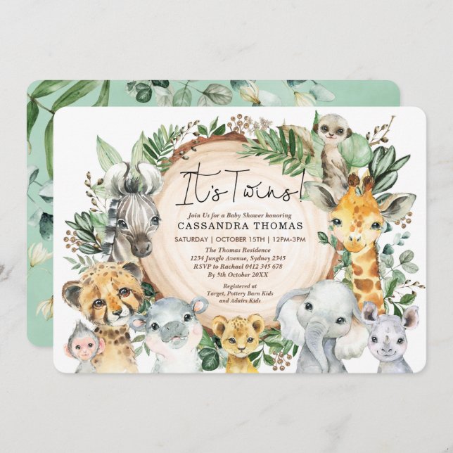 Greenery Jungle Party Animals Twins Baby Shower Invitation (Front/Back)