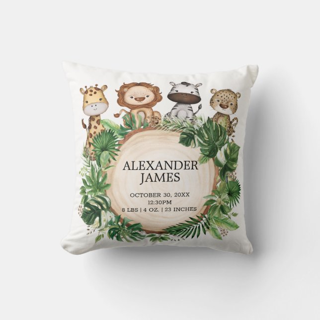 Greenery Jungle Safari Animal Birth Stats Nursery  Throw Pillow (Front)