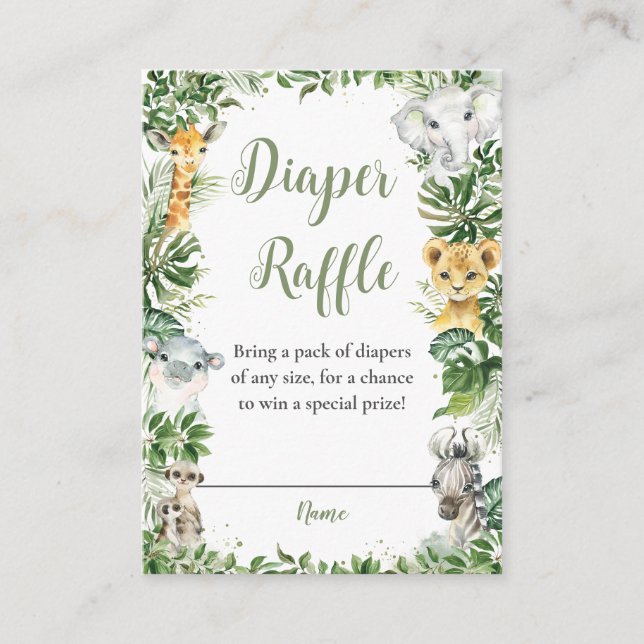 Greenery Jungle Safari Animals Baby Diaper Raffle Enclosure Card (Front)