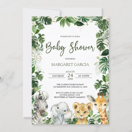 Greenery Jungle Safari Animals Baby Shower Invitation | Zazzle