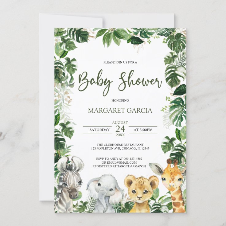 Greenery Jungle Safari Animals Baby Shower Invitation | Zazzle