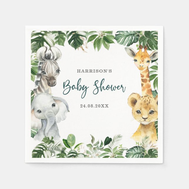 Greenery Jungle Safari Animals Baby Shower Napkins (Front)