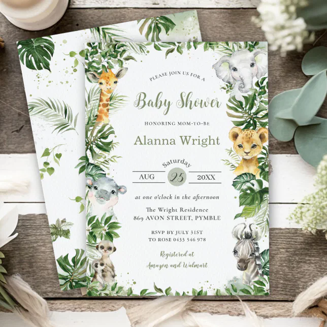 Greenery Jungle Safari Animals Boy Baby Shower Invitation | Zazzle