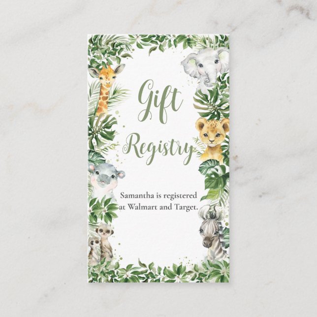 Greenery Jungle Safari Animals Gift Registry Enclosure Card (Front)