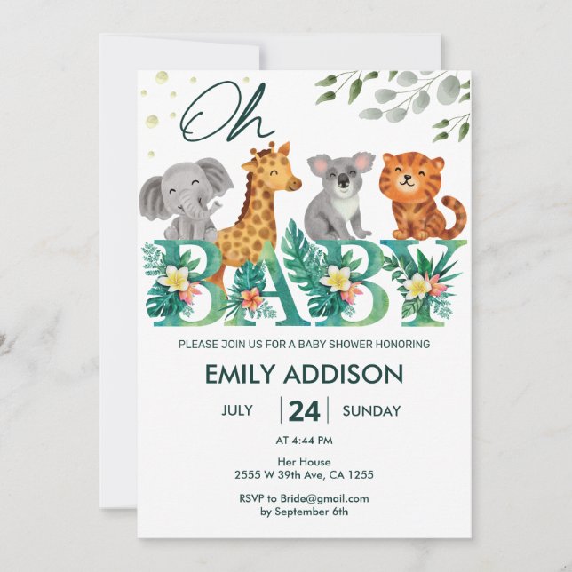 Greenery Jungle Safari Animals Oh Baby Shower Invitation (Front)