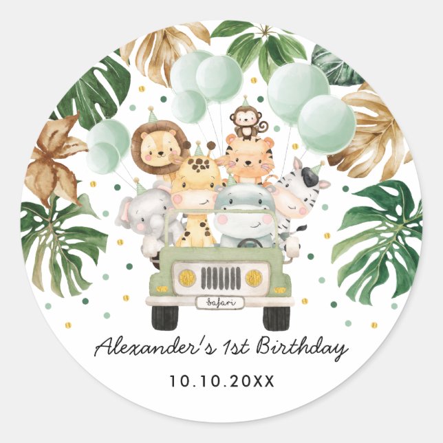 Greenery Jungle Safari Animals Wild One Birthday Classic Round Sticker (Front)