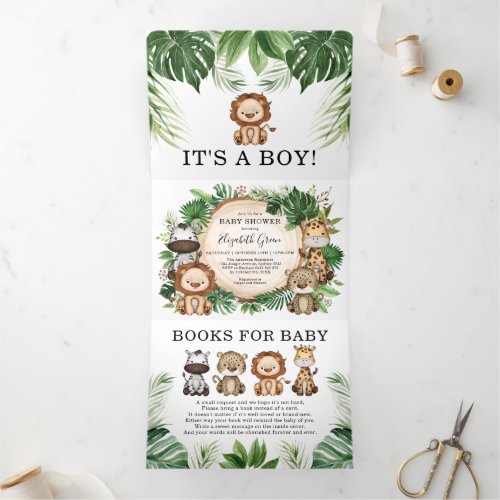 Greenery Jungle Safari Wild Animal Boy Baby Shower Tri_Fold Announcement