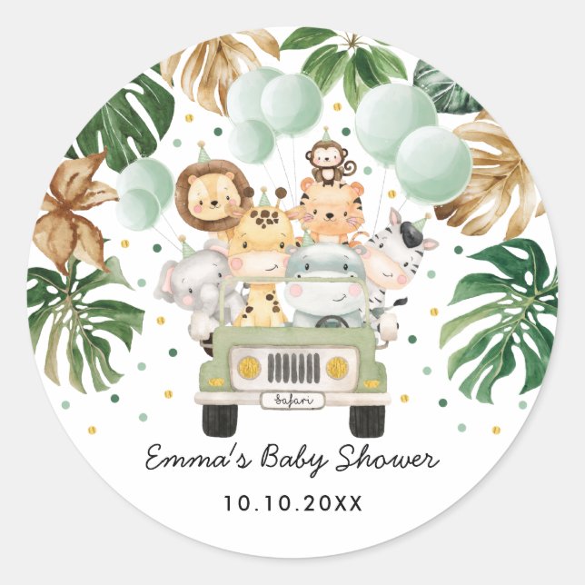Greenery Jungle Safari Wild Animals Baby Shower Classic Round Sticker (Front)