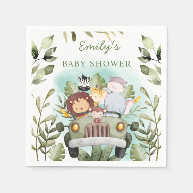 Greenery jungle Safari Wild Animals Baby Shower  Napkins (Front)