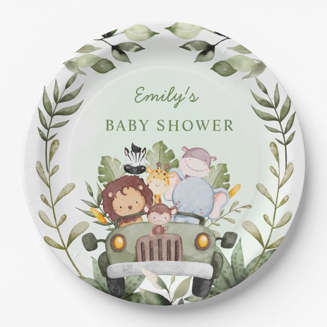 Greenery jungle Safari Wild Animals Baby shower  Paper Plates (Front)