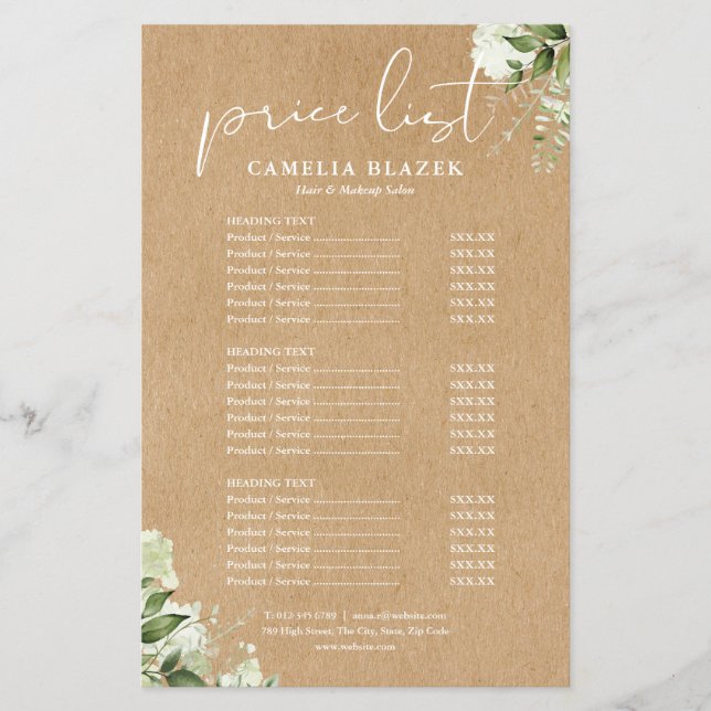 Greenery Kraft 2 Sided Service Menu Price List Flyer (Front)