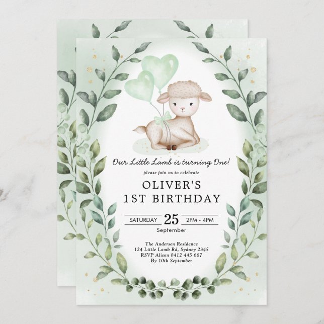 Greenery Lamb 1st Birthday Baby Sheep Party Invitation (Front/Back)